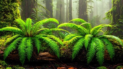 Lush Green Ferns Flourishing in a Misty Forest Setting Surrounded by Towering Trees