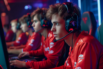 A team of young esports gamers intensely focused on a competitive gaming match, wearing red jerseys and professional headsets in a vibrant gaming arena