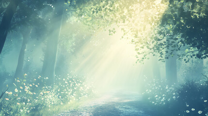 Fototapeta premium Soft glowing mist over a forest path wallpaper nature scene tranquil environment peaceful viewpoint