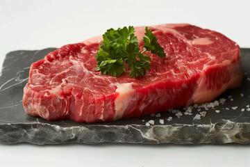 Fototapeta premium A Close-Up of a Raw Beef Steak Garnished with Parsley on a Slate with Sea Salt Sprinkles, Isolated on a White Background