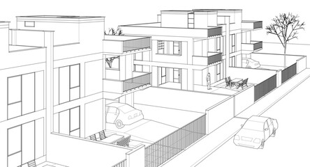 modern townhouse sketch 3d illustration
