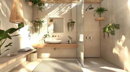 Modern Minimalist Bathroom with Natural Elements and Soft Lighting