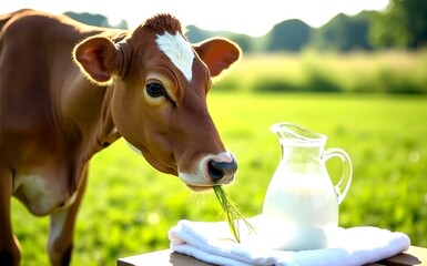 In the foreground is a large transparent jug of milk and a cow in a meadow.