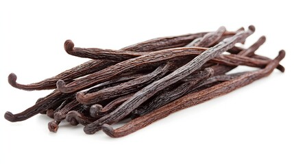 Fresh Vanilla Beans Stacked Together on a White Background for Culinary Use
