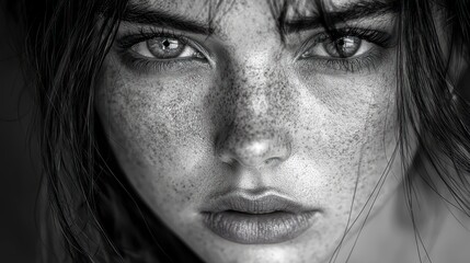Fototapeta premium Close-up grayscale portrait of a woman with freckles