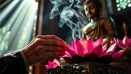 Lotus offering to Buddha. Description. Hand placing pink lotus flower offering near Buddha statue with smoke and sunlight.