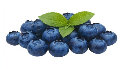 Fototapeta premium Fresh Blueberries with Green Leaves on White Background Highlighting Healthy Nutrition