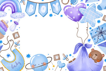 Invitation for baby shower party with little teddy bear.  Gender party its a boy card.  Baby shower horizontal invitation, card, banner with baby things. It's a boy. Watercolor illustration