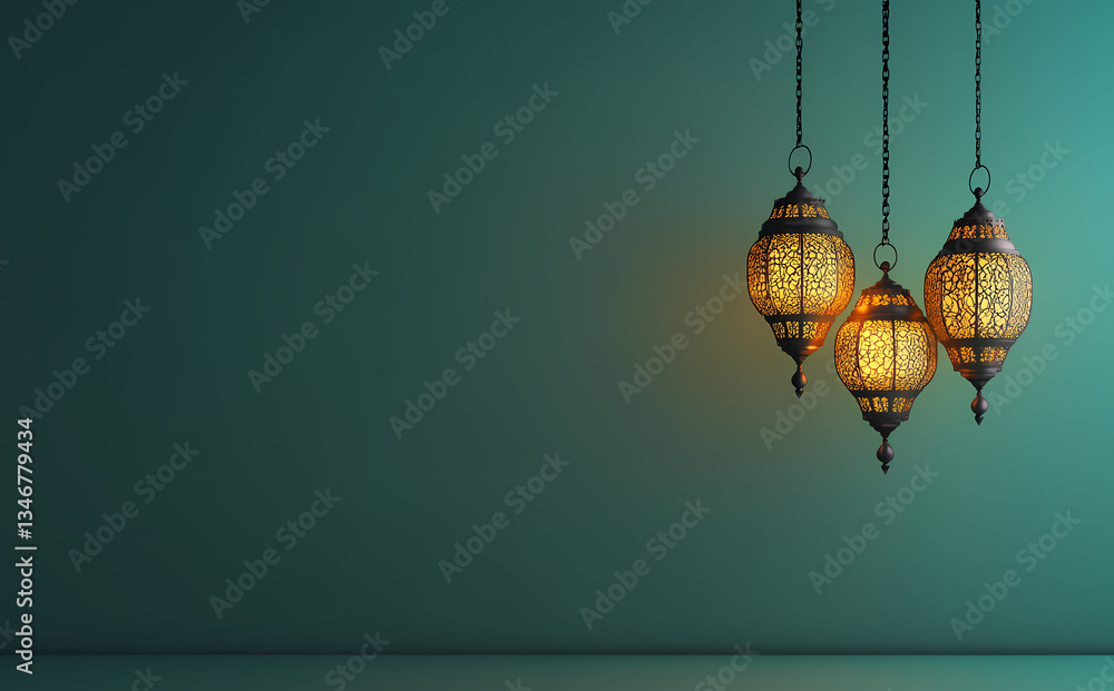 Poster illuminated lanterns: three intricately designed lanterns hang against a textured turquoise backgrou