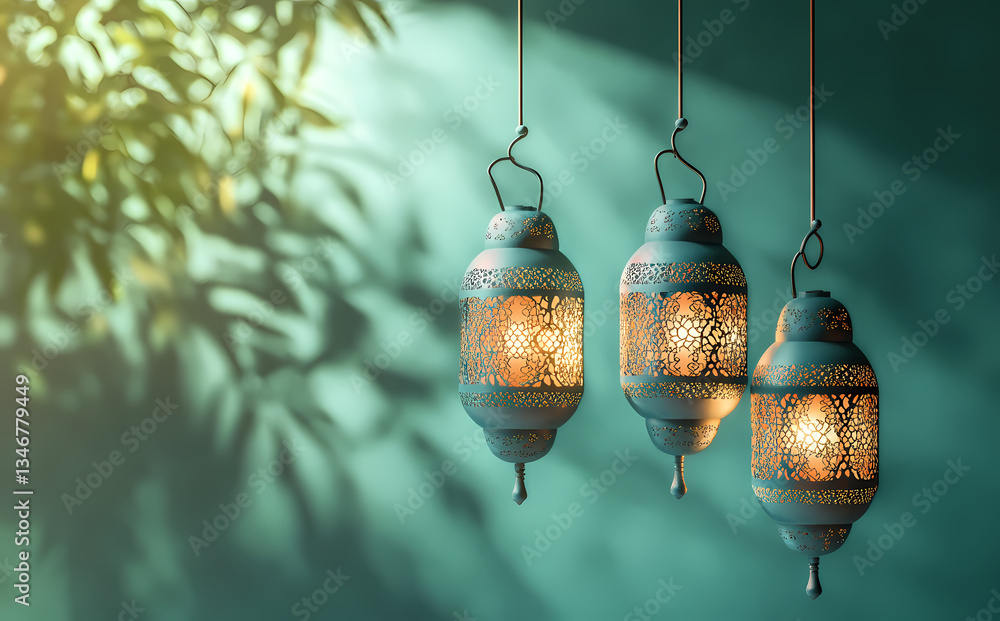 Poster luminous lanterns: three vintage lanterns illuminate a tranquil setting, casting intricate patterns 