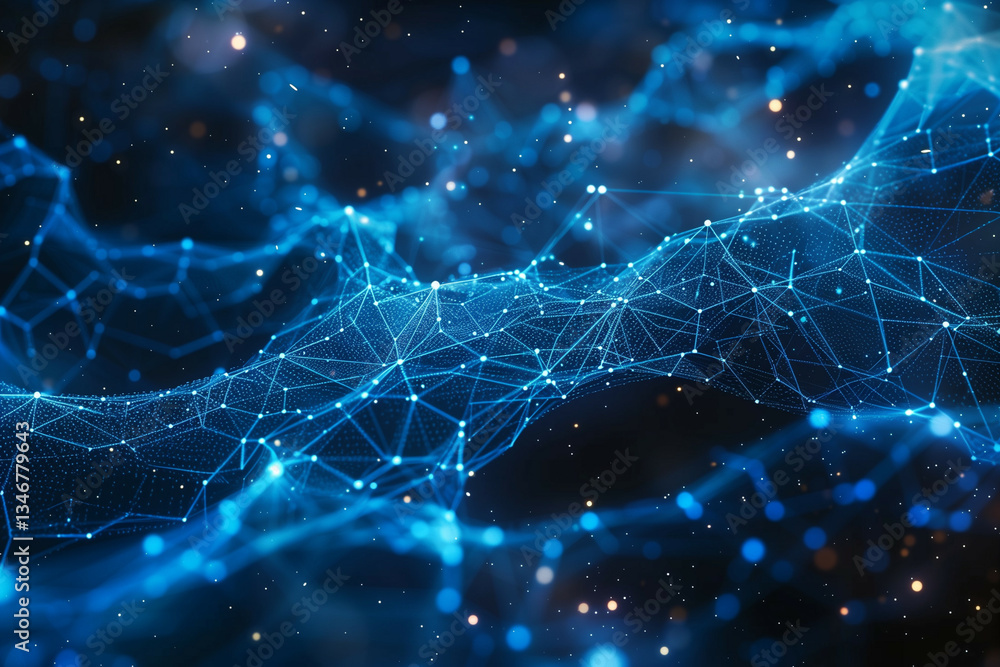 Poster this image illustrates a dynamic and intricate network of blue glowing nodes and connections against