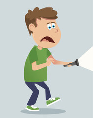 Scared and lost boy with flashlight. 