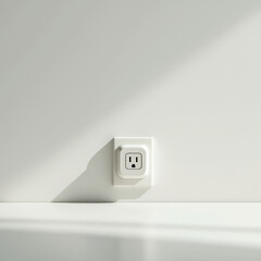 Smart plug on white wall. Minimalist image of a smart plug installed on a white electrical outlet, casting a soft shadow on a clean white wall with natural lighting.