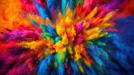 A vibrant explosion of colored powder bursts into the air, creating an abstract, energetic display of neon hues against a soft background, symbolizing the joyful chaos of Holi.