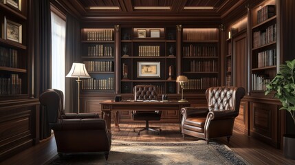 Luxurious, Wooden Study, Bookshelves, Leather Armchairs,  Ideal for  Workspace,  Cozy, Home Office, Design, Background, Stock Photo