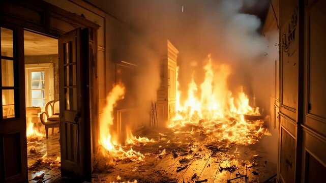 Burning door in house flames fire