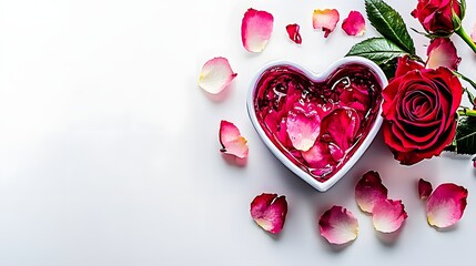 Heart Shaped Bowl Filled with Rose Petals and Fresh Red Rose on White Background