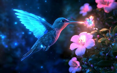 A robotic hummingbird hovering over a glowing cybernetic flower in a futuristic greenhouse of neon plants