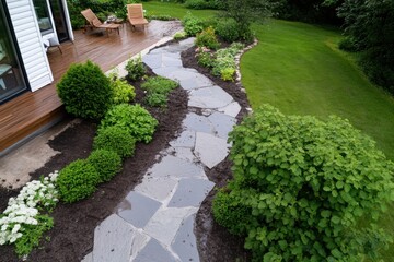 A beautifully designed stone pathway winds through a vibrant garden, showcasing neatly arranged plants and greenery that enhance the outdoor space's aesthetics.