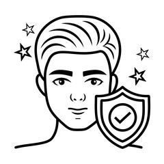 Vector Icon Representing a Man s Face With Shield Symbolizing Cosmetic Protection and Care