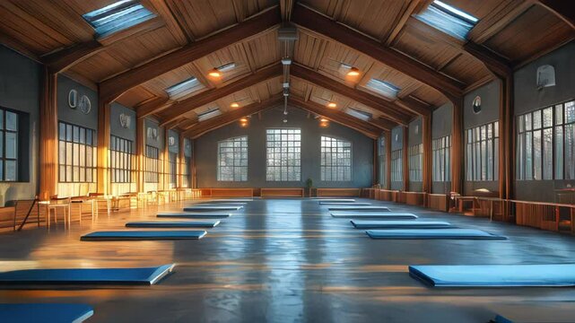 A large, spacious gymnasium with wooden architecture, rows of blue exercise mats, and warm sunlight streaming in