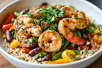 A colorful bowl of shrimp and vegetables, evoking freshness and joy.