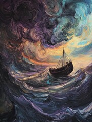 Boat sails through stormy sea towards light.