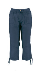 Blue capri with cord. Cargo. Photo on mannequin without model. Isolated image on a white background. Nobody.