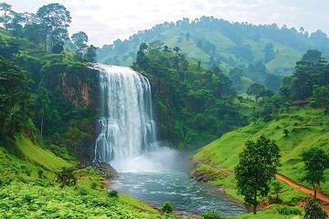 Majestic Waterfall for Lush Green Hills.