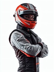 Young Racer in Black and Gray Uniform and Red Helmet Arms Crossed Confidently Posing Against White Background in Studio Lighting
