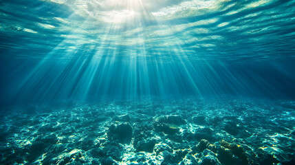 Fototapeta premium Underwater sunlight rays filtering through clear water ocean wallpaper background nature serene environment tranquil viewpoint