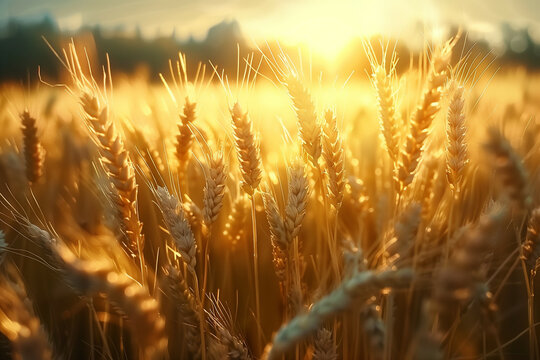 A serene scene of a wheat field at sunset, bathed in golden sunlight, highlighting the intricate details of each wheat stalk - Powered by Adobe