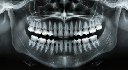 Dental panoramic X-ray of teeth and jaw, grayscale, diagnostic image
