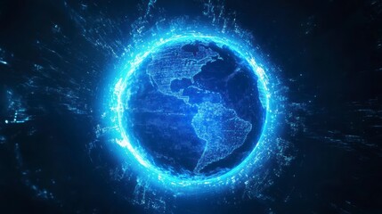 Obraz premium Glowing digital Earth with energy radiating outwards, showcasing North and South America.