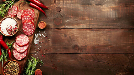 Delicious smoked salami sausage, cut into pieces, with green rosemary branches and round red and black pepper, on a wooden kitchen board