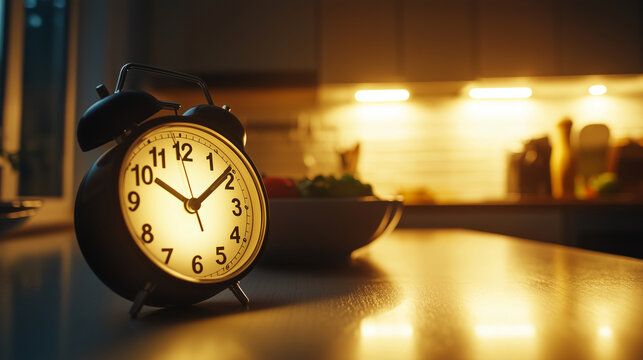 An alarm clock glowing softly in a dimly lit kitchen, with a bowl of food in the background, highlighting the anticipation of a fasting break.