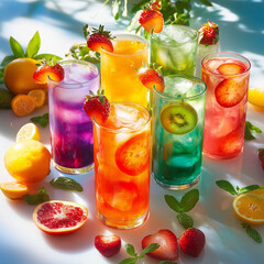 A variety of colorful fruit juices in tall glasses, arranged on a bright table with fresh fruits 