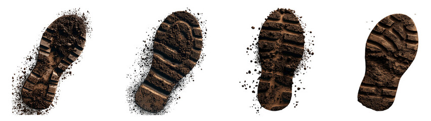 Set of various Eco concept 3D image of a shoe print on brown soil isolated on transparent background