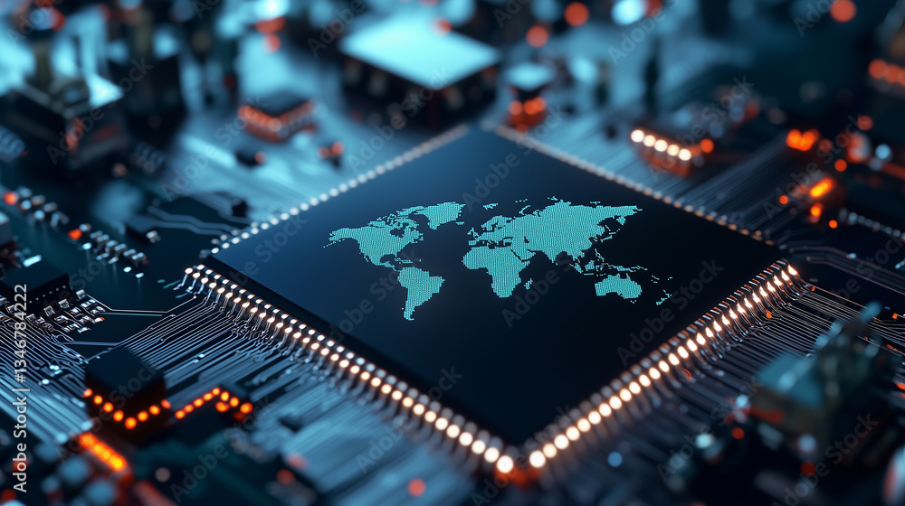 Poster close-up of a high-tech silicon chip with a holographic projection of a world map, representing inte
