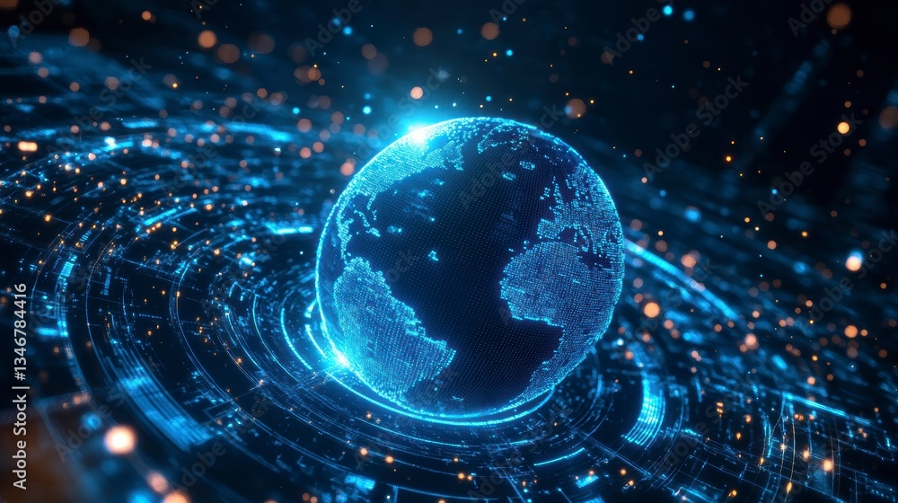 Poster futuristic digital globe with glowing network connections.