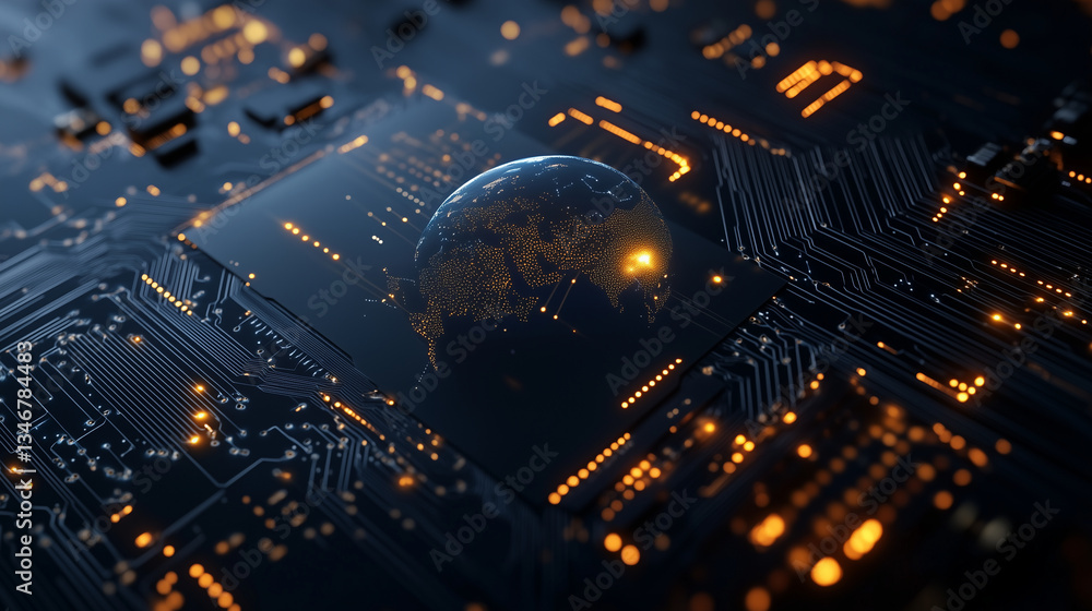 Poster a digital representation of earth emerging from the surface of a silicon wafer, glowing circuits ext