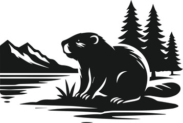 Beaver sitting on a riverbank and looking at the water vector silhouette
