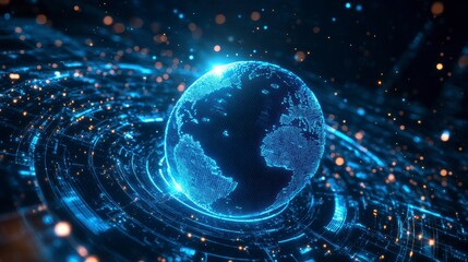 Futuristic digital globe with glowing network connections.