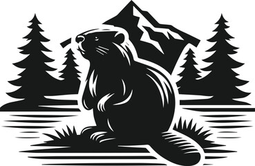 Beaver sitting on a riverbank and looking at the water vector silhouette