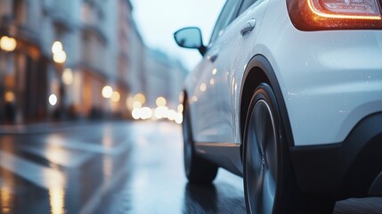Naklejka premium A Sleek White Car Glides Through A Rain-swept City Street At Dusk, Its Lights Reflecting The Soft Glow Of Nearby Buildings