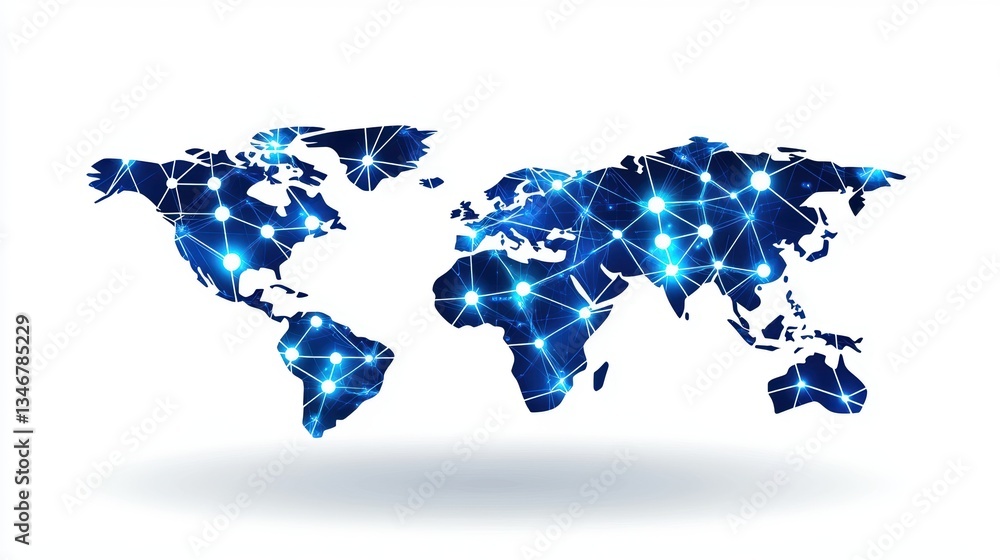 Poster global map design with network connections represented by glowing points across continents.