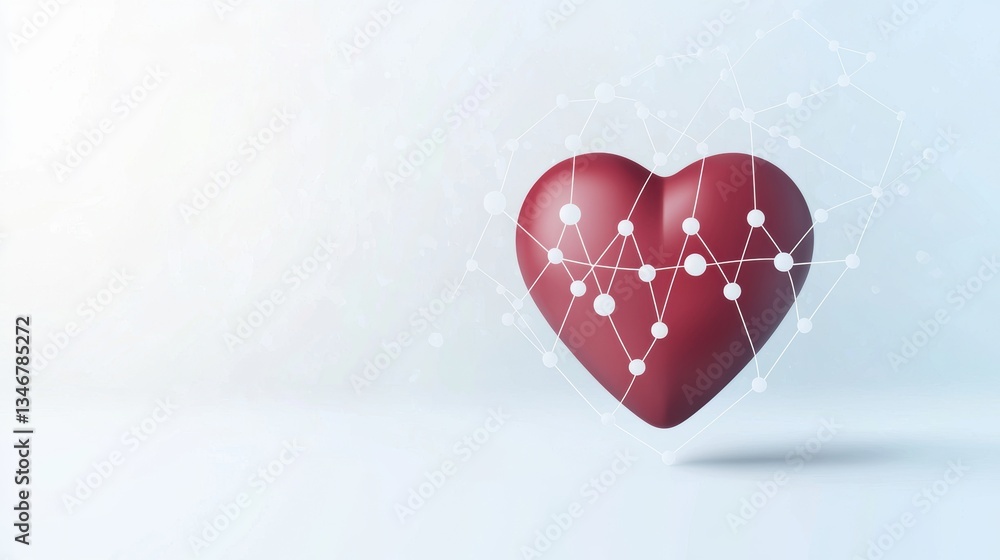 Poster a 3d heart shape with a network design symbolizes love and connection, set against a light backgroun