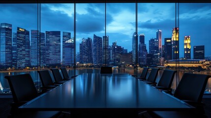 Cityscape conference room, night view, business meeting, corporate