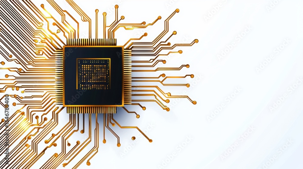 Poster a close-up of a microchip with intricate circuit board connections, illustrating technology and inno