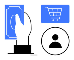 Hand with cash, shopping cart, user icon. Ideal for e-commerce, transactions, customer identity, payments, digital economy consumer behavior retail themes. Flat simple metaphor